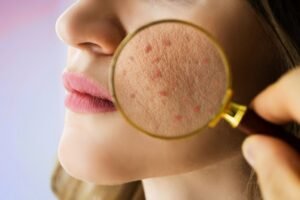 Close-up of a young adult woman with visible acne on her face, highlighting common areas affected by adult acne.