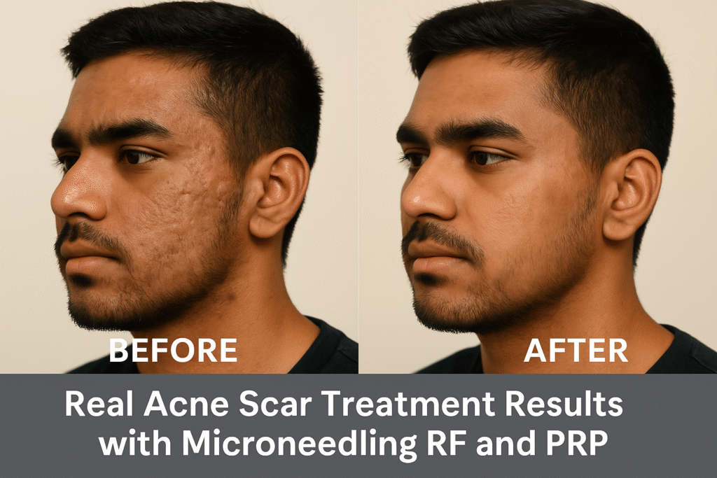 Side-by-side comparison of a young man's acne scars before and after microneedling RF and PRP therapy