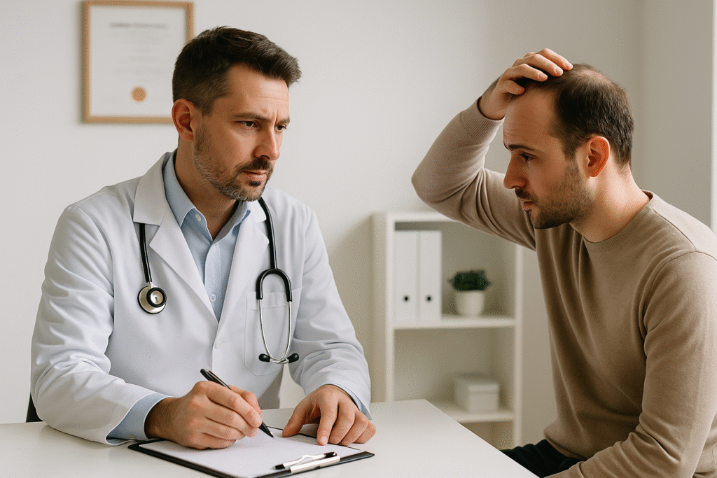 Certified hair transplant surgeon consulting a patient in a licensed clinic