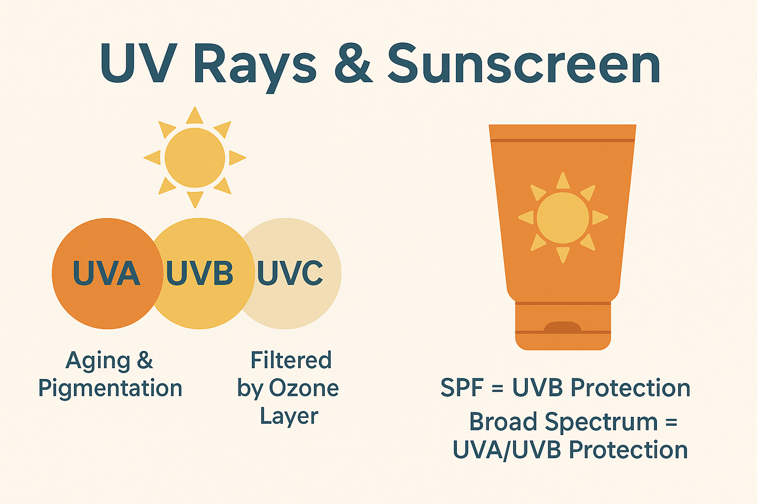 Infographic explaining UVA, UVB, and UVC rays and how sunscreen with SPF and PA rating protects skin